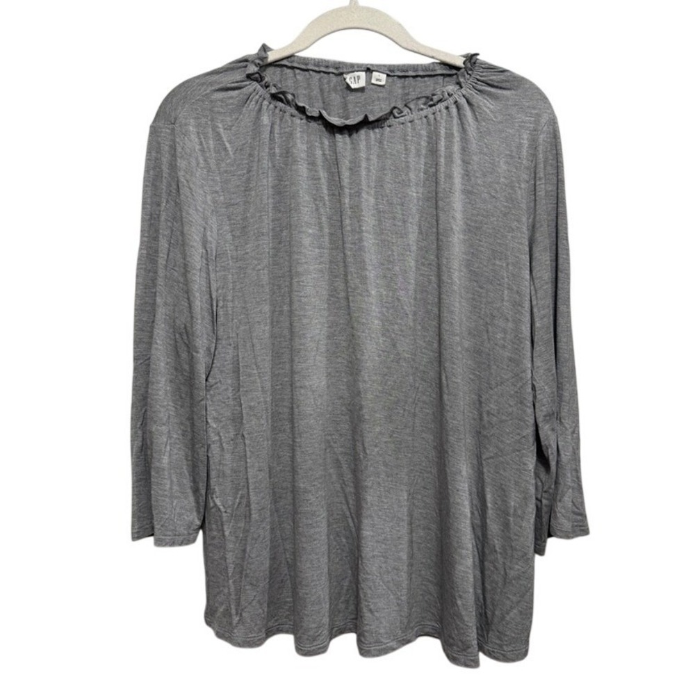 Gap Gray Ruffle Neck Top L 3/4 Sleeve Knit Pullover Tee Preppy Coquette Classic